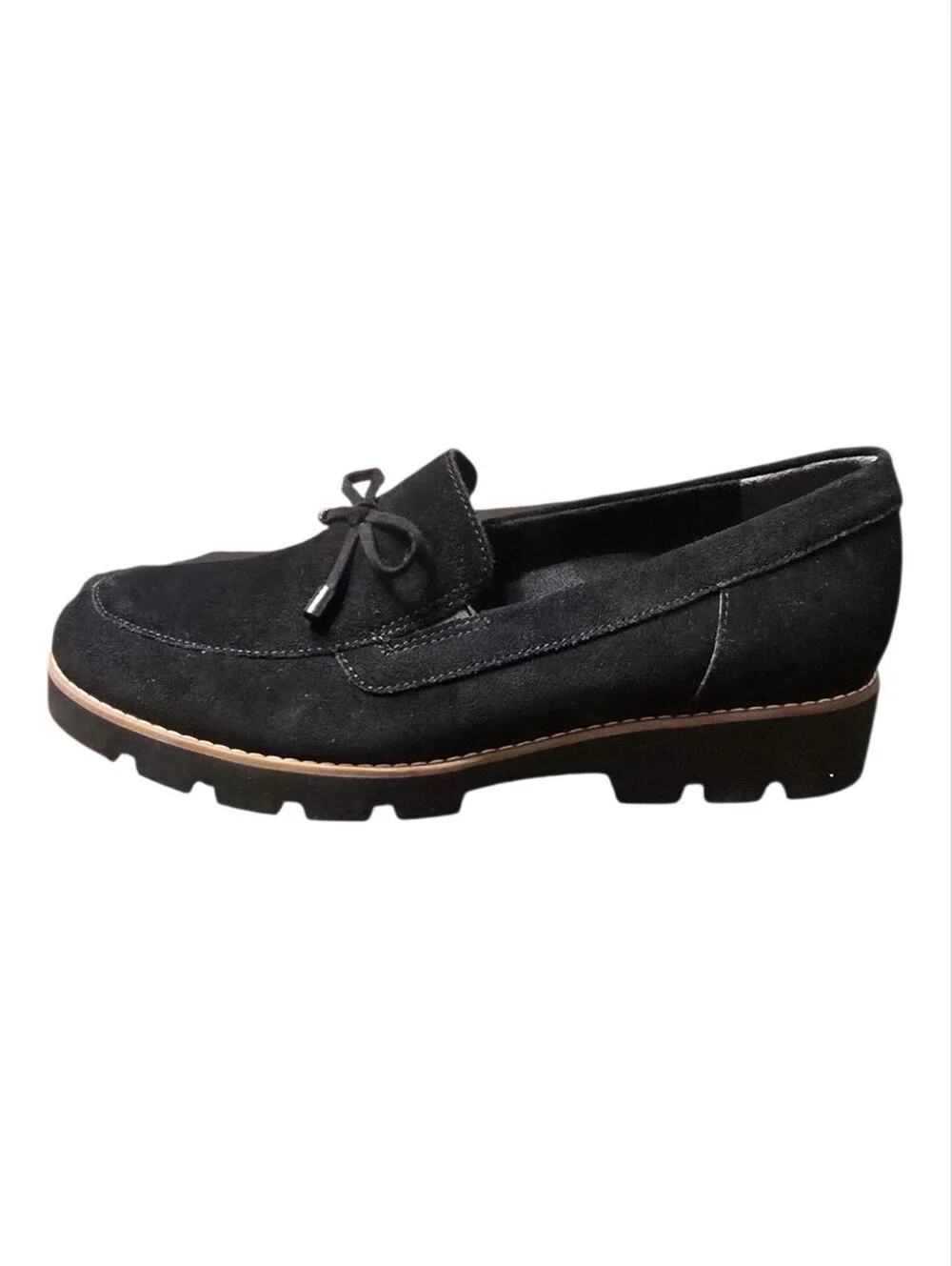 ​Vionic Finley Black Suede Bow Chunky Lug Sole Loafers